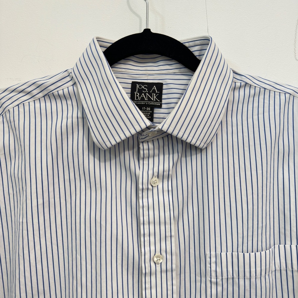 Jos A Bank Travelers Collection 17 36 White Blue Stripe Cotton Dress Shirt Mens